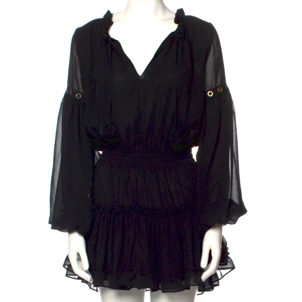 Misa Los Angeles Black Long Sleeve Smocked Ruffle Mini Dress w Gold Details Sz S - Picture 4 of 7
